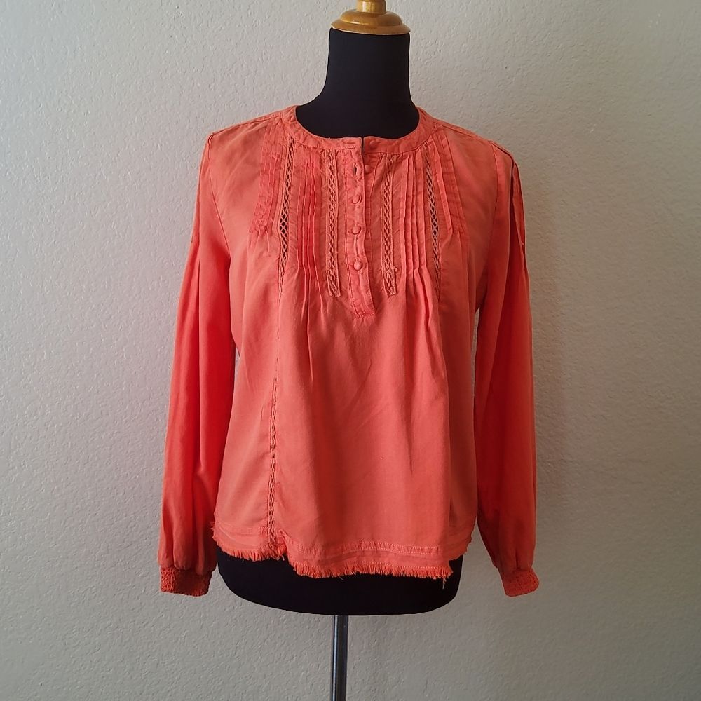 Velvet Heart Tencel Embroidered Pleated Peasant Long Sleeve Top XS Orange New